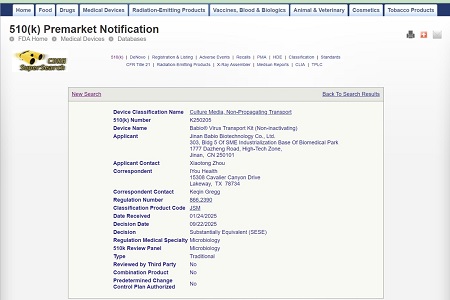 BABIO apsaugo JAV FDA 510(k) virusų transportavimo rinkinį (neinaktyvuoja)